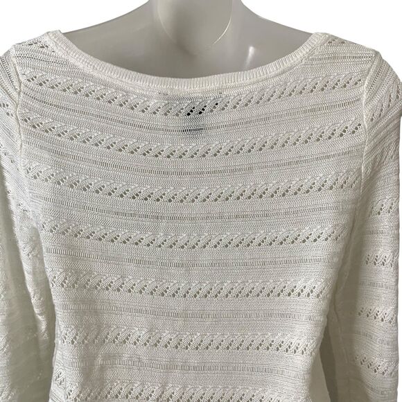 White House Black Market Open Knit Sweater Women’s Medium V-neck Pullover Ivory - Picture 5 of 8